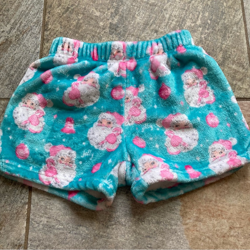 iscream blue with pink Santa fleece shorts size medium 10-12 GUC Preowned